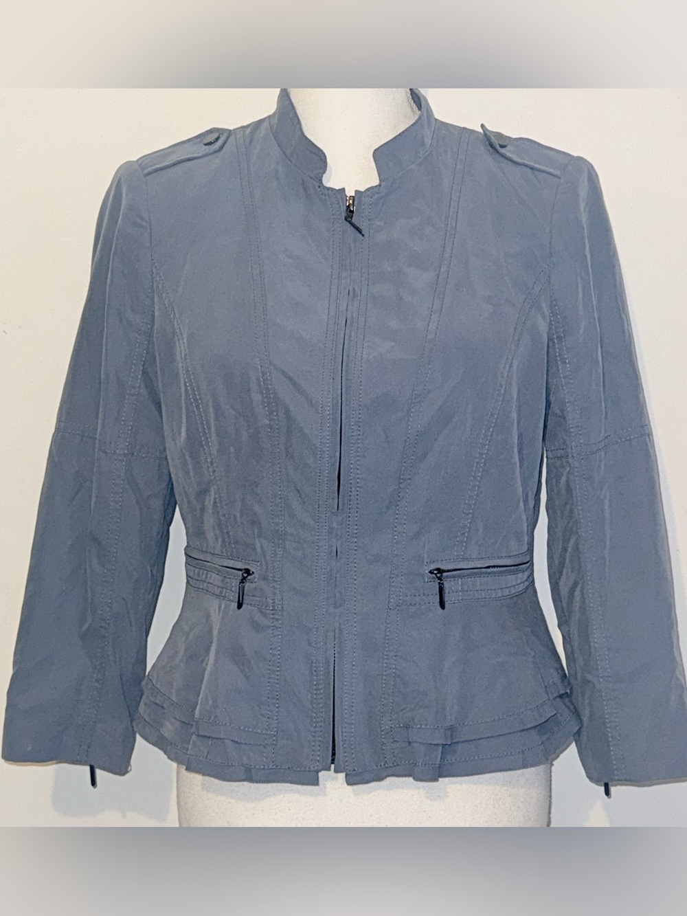 White House Black Market Blue Peplum Zip Front Jacket Size 6
